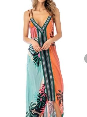 Maaji Coral, Aqua & Green Tropical V-Neck Maxi Dress